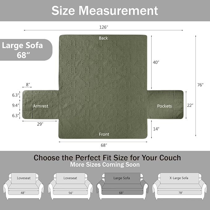 Quilted Olive Green Sofa Slipcovers with Pockets, Anti-Slip Medallion Couch Covers for 3 Cushion Sofa, Couch Cover for Dogs Cats Water-Repellent Machine Washable (Large Sofa 68", Olive Green) - Image 7