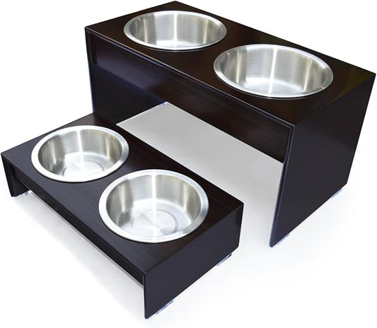 PetFusion Bamboo Elevated Dog Bowls; Cat Bowls | Raised Feeders w/ Water Resistant Seal (Short 4"; Tall 10”) | US FOOD GRADE Stainless Steel Dog & Cat Bowl by PetFusion