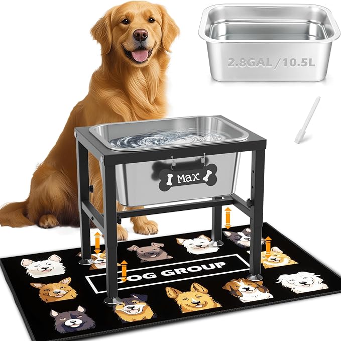 2.8 Gallon Elevated Large Dog Water Bowl, ADENGL 4-Height Adjustable (9.4–14.2'') Raised Stainless Steel Bowl, Dog Bowls Elevated with Spill-Proof Mat & Sturdy Metal Stand for Indoor/Outdoor Use by ADENGL