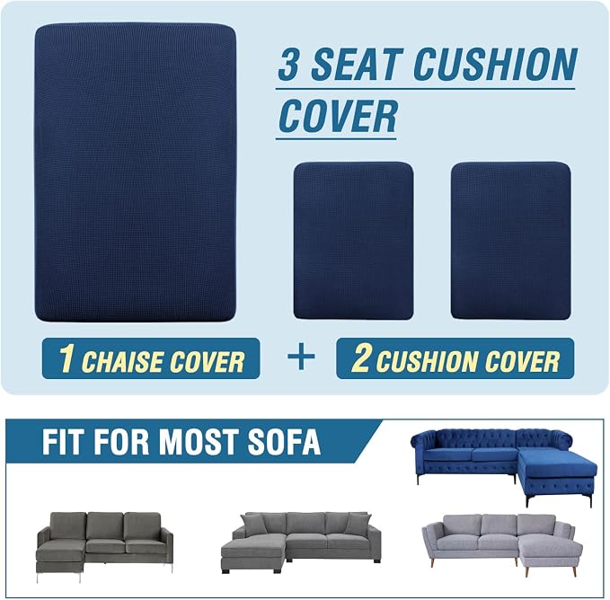 H.VERSAILTEX Sectional Couch Covers 3 Pieces Sofa Seat Cushion Covers L Shape Separate Cushion Couch Chaise Cover for Both Left/Right Sectional Couch (Seat Only: 1 Chaise + 2 Sofa, Navy) - Image 8