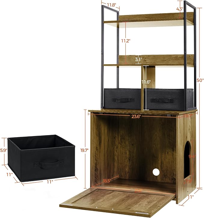 Dwanton Litter Box Enclosure with 2 Storage Shelves and 2 Drawers, 2-in-1 Hidden Cat Litter Box Enclosure Furniture with Shelf, Reversible Entrance, Washable Drawers, 50-Inch, Warm Brown - Image 5