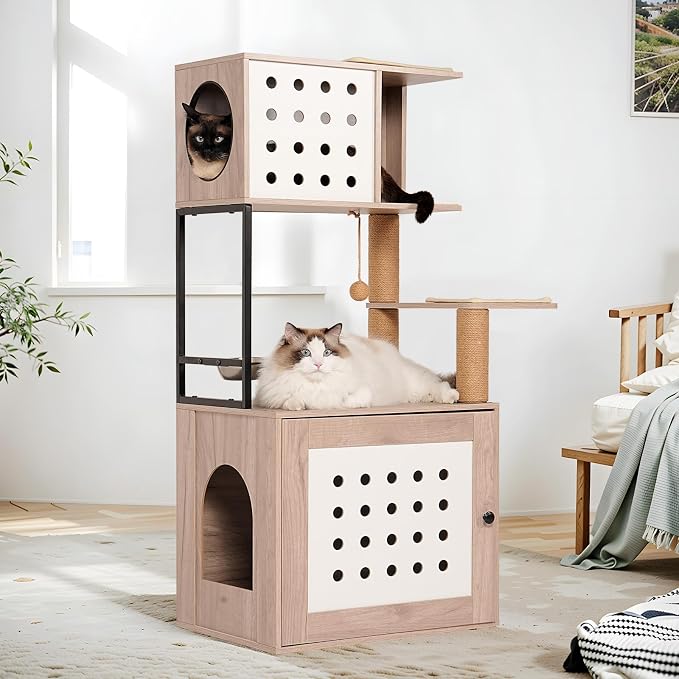 Cat Tree with Litter Box Enclosure, All-in-one Cat Tower for Indoor Cats with Large Hammock, Bed, Food Station, Scratching Posts, Modern Style Pet Furniture, Gray+White - Image 4