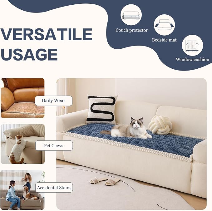 DREAMINGO Pet Couch Covers for Sofa Non Slip Fuzzy Dog Sofa Covers Washable Geometric Jacquard Couch Cushion Protector Blue Pet Bed Mat 27.6x82.7 Inch - Image 5