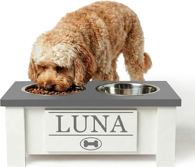 Elevated Dog Bowls for Small Dogs, Personalized Food Stand for Small Breed | Farmhouse Style, Elevated Wood Stand, Storage Container, Stainless Steel Bowls, Raised Anti-Slip Feeder, Made in USA by GrooveThisWoodshop