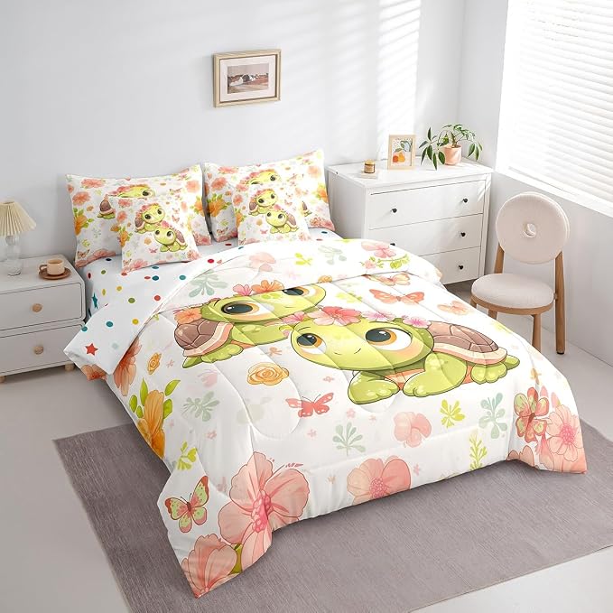 Erosebridal Cute Sea Turtle 7-Piece Bedding Set King Size, Ocean Animal Tortoise Bed in A Bag, Sakura Cherry Blossom Comforter Set with Sheets, Butterfly Bedding Comforter Sets - Image 2