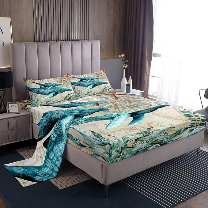 Erosebridal Ocean Whale Sheet Set Kids Boys Girls Nautical Bedding Children Coastal Sea Animal Bed Sheets Set, Marine Animal Theme Bed Set - 4Pcs (1 Fitted +1 Flat+2 Pillowcases),King,Teal Brown by Erosebridal