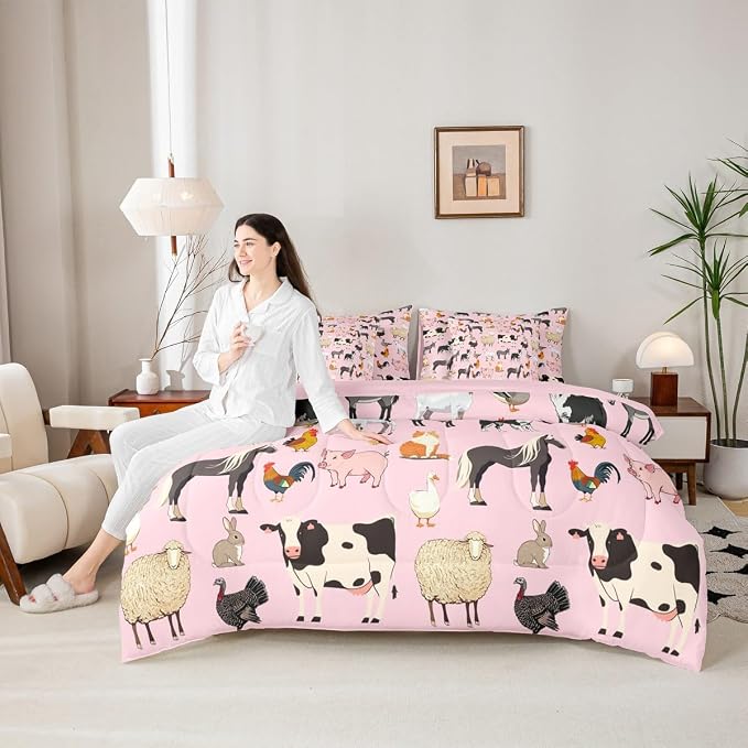 Erosebridal Queen Size Farm Animal Comforter Set with Sheets Boys Girls Cartoon Animals 7 Piece Bedding Sets for Kids Cute Rustic Pink Bed in A Bag Funny Country Animal Theme Bed Set - Image 5