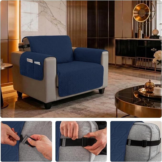 100% Waterproof Quilted Couch Cover,Straps&Pockets,23" Navyblue | Washable sofa cover, pet-friendly, scratch-resistant furniture protector, quilted sofa cover, reversible, non-slip backing. - Image 6