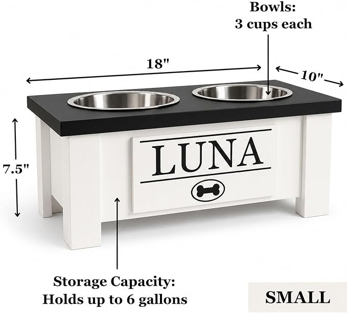 Elevated Dog Bowls for Small Dogs, Personalized Food Stand for Small Breed | Farmhouse Style, Elevated Wood Stand, Storage Container, Stainless Steel Bowls, Raised Anti-Slip Feeder, Made in USA - Image 5