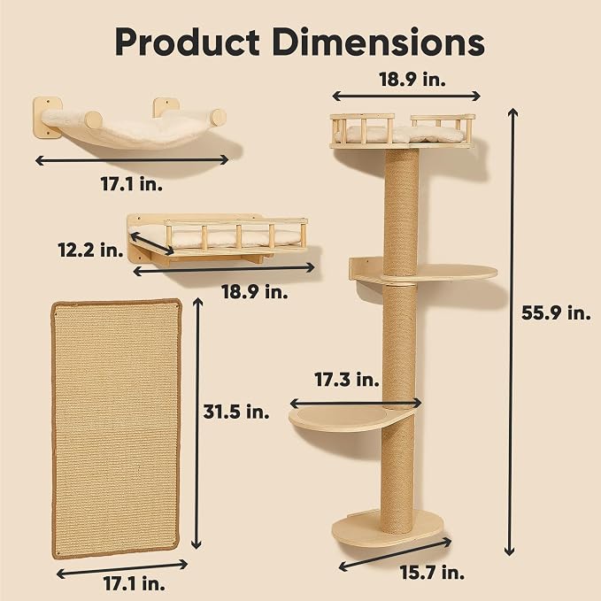 FUKUMARU Cat Wall Shelves, 4 in 1 Set, Beige | Stable Wooden Wall-Mounted Furniture Set, Climbing Tree with Hammock, Bed, Perch and Scratching Mat - Image 5