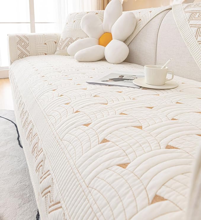 vctops Solid Color Cotton Quilted Sofa Couch Cover Weave Pattern Soft Sectional Couch Covers Embroidery Non-Slip Sofa Slipcover for Dogs, Children, Pets Furniture Protector (Cream,28"x82") - Image 5
