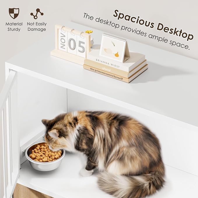 Dog Proof Cat Feeding Station, Metal Cat Feeding Cabinet, White | Elevated Cat Feeding Station, Pet Food Station with Storage, Cat Bowl Stand, Scratching Board, Stainless Steel Bowls - Image 6