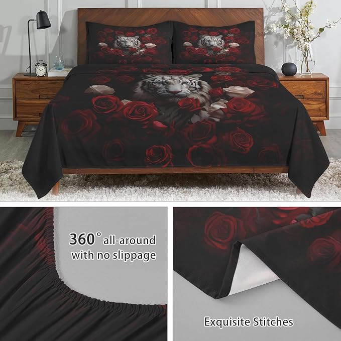 WeCozy Twin Size Bed Sheet Sets with Pillowcases, White Tiger Animal 3 Pcs Soft Microfiber Bedding for Kids and Adults, Beautiful Red Rose Flower Flat, Fitted Sheet for Bedroom Bed Decor - Image 5