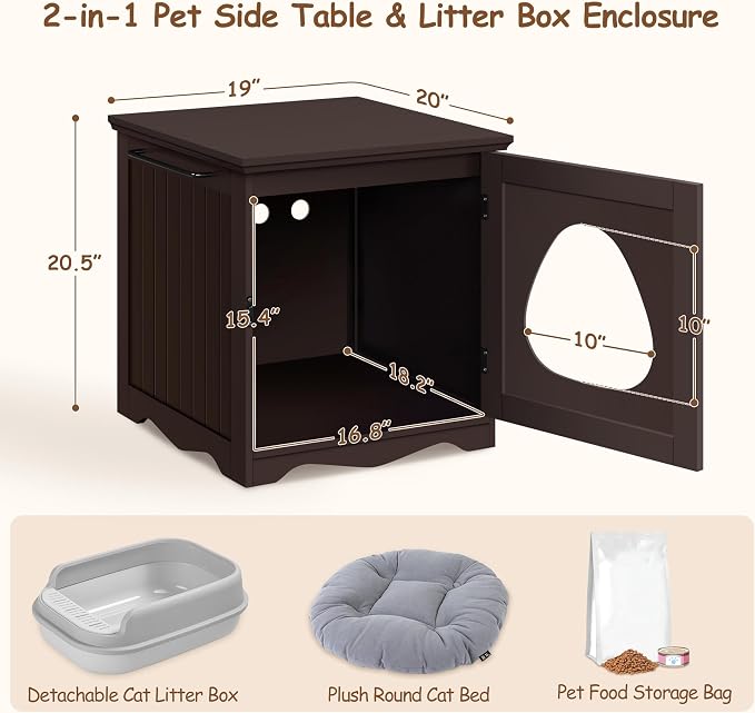 Yaheetech Cat Litter Box Enclosure, Litter Box Furniture Hidden with Towel Bar, Wooden Pet Washroom, Dog Proof Cat Litter Box Cabinet, Indoor Pet House, Side End Table, Espresso - Image 7