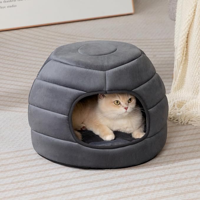 Hollypet Cat Bed Cave for Indoor Cats for Pets up to 15 lbs, Dark Gray | Warm Cat Bed Cats Igloo Cave Condo, Covered Kitty House with Removable Washable Cushion, Cozy Enclosed Pet Bed for Small Dogs - Image 3