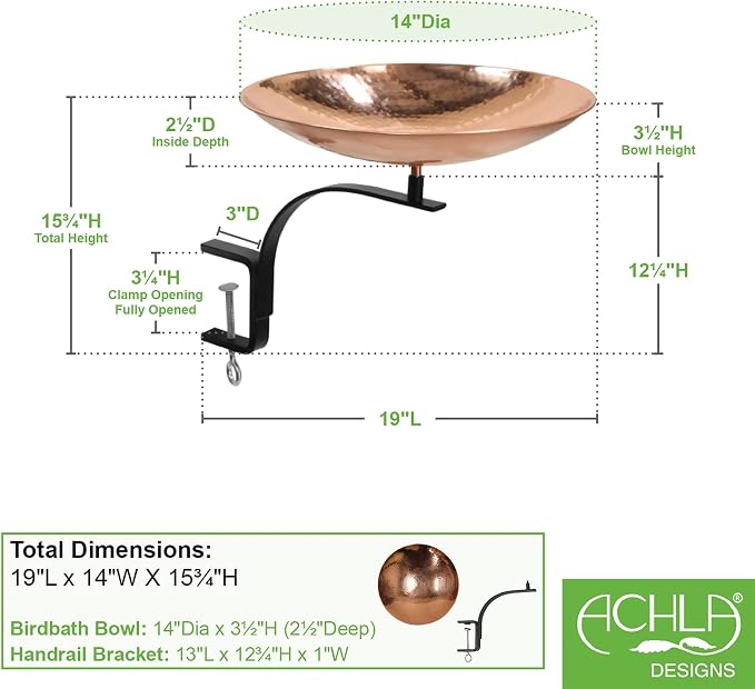 Achla Designs 201-2003 Rail Mount Bracket Birdbath, Polished Copper Plated - Image 2