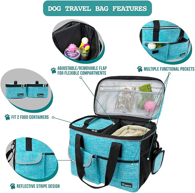 PetAmi Dog Travel Bag Organizer, Pet Travel Kit with 2 Food Containers & 2 Collapsible Dog Bowls, Pet Supplies Tote with Luggage Sleeve, Weekend Road Trip Camping Essentials, Teal Blue, Medium - Image 4
