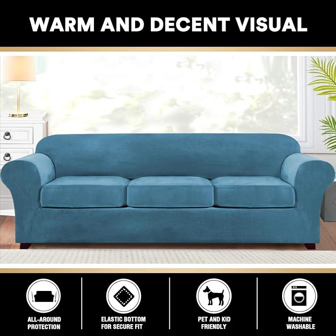 PrinceDeco Velvet Couch Covers for Sofa Soft 4 Pieces Couch Covers for 3 Cushion Couch Sofa Pet Friendly Furniture Protector with Non Slip Elastic Bottom Width Up to 97 Inch (Large Sofas, Blue) - Image 6