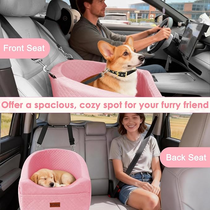 Vivifying Dog Car Seat for Small & Medium Dogs, Detachable & Washable Booster Seat for Pets Up to 30lbs, Travel Bed with Storage Pockets and Safety Belt – Pink