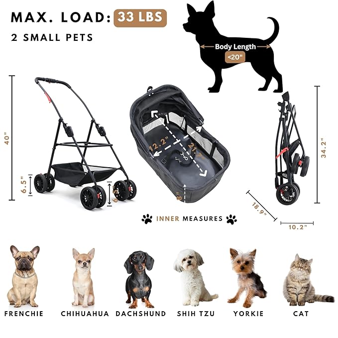 Pet Stroller for Small Dogs Cats with Wheels, Detachable Carrier, Max Load 33 lbs, Easy Folding, Compact Portable, Dog Carriage Cart Car Seat 3 in 1