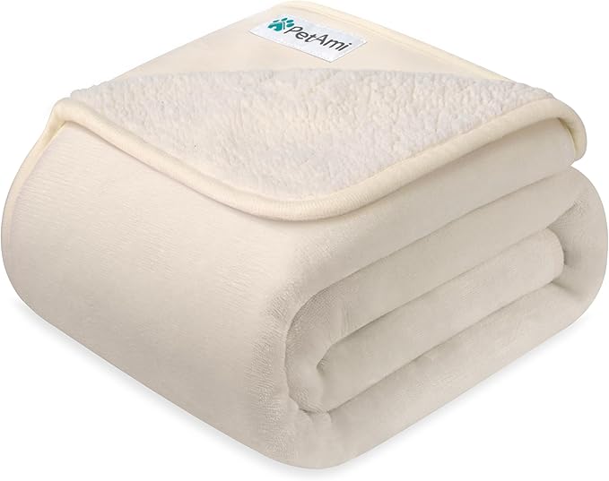 PETAMI Sherpa Fleece Waterproof CAT and Dog Blanket, Beige, Queen - Image 5