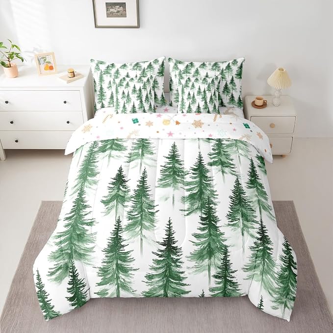 Erosebridal Green Christmas King Comforter Set with Sheets 7 Piece Winter Forest Pine Tree Bed in A Bag Merry Christmas Tree Theme Bedding Sets for Teens Teenager New Year Holiday Xmas Bed Set - Image 3