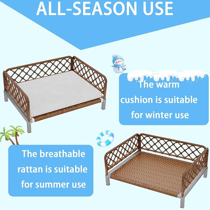 Dog Bed with Egg Crate Foam Support, Brown PE Wicker Orthopedic Pet Couch Bed with Washable Removable White Cushion, Outdoor Dog Sofa Bed for Medium, Small Dogs - Image 4