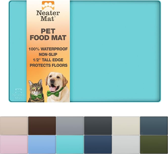 Neater Pet Brands Neater Mat Pet Mats for Food and Water, Cat & Dog Bowl Mat Waterproof Silicone, Feeding Tray, Dog Food Mats for Floors, Placemat w/Raised Edge for Under Bowls, 19” x 12”, Aquamarine by NeaterPetBrands