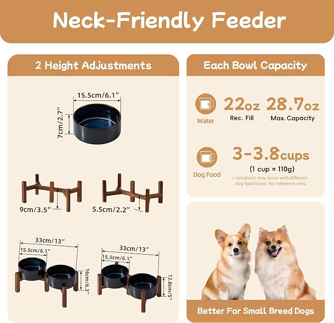 Havniva Elevated Dog Bowls, Ceramic Raised Dog Bowl with Stand | 6.1” Dog Food Bowls Elevated, Dog Food and Water Bowl Set, Non-Slip Acacia Wood Stand, Small Dogs Bowl, 3.4 Cups 27 oz - Image 2
