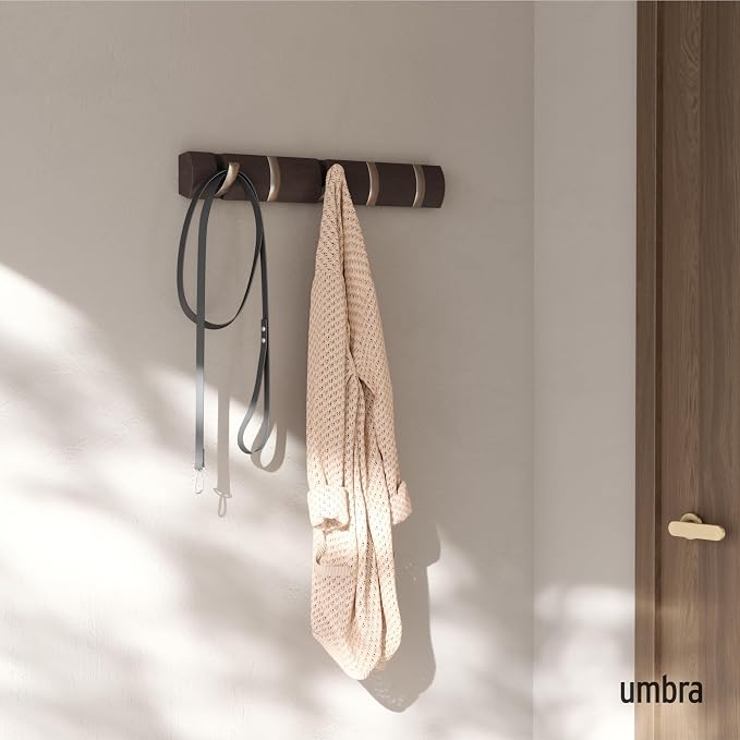 Umbra Flip Coat Rack, Wall Mounted 5-Hook Space Saving, Driftwood/Nickel | Real wood and steel build, retractable hooks fold flat, holds coats bags and scarves, easy install - Image 2