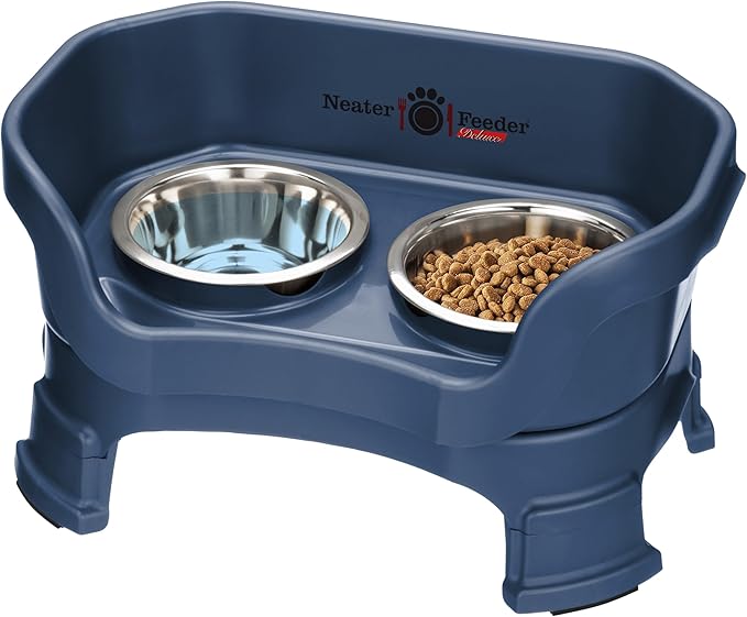 Neater Feeder Deluxe Mess-Proof Elevated Cat Bowls, 2 Height Adjustable (6” & 7.5”) No-Spill Raised Cat Bowl Stand, Whisker Friendly Stainless Steel Dishes for Indoor Cats, Made in USA, Dark Blue by NeaterPetBrands