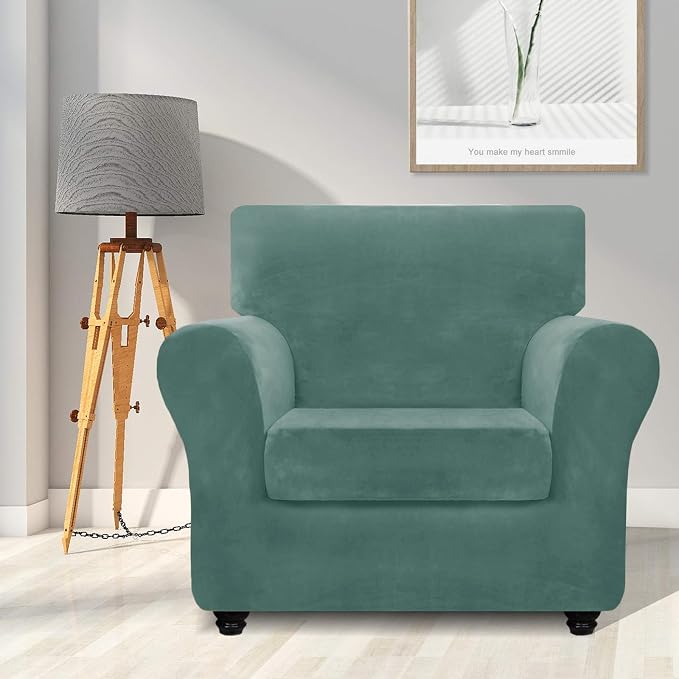 ZNSAYOTX Luxury Velvet Chair Slipcovers with Arm 2 Piece Stretch Chair Covers for Living Room Thick Soft Armchair Slipcover Anti Slip Pet Friendly Furniture Protector (Pea Green),30"-47"(1 Cushion) - Image 2