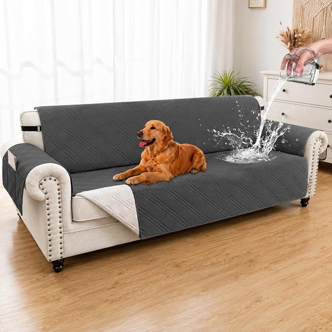 100% Waterproof Couch Cover for Dogs, Washable Anti-Slip Sofa Cover with Elastic Straps & Side Pockets, Quilted Furniture Protector for Kids & Pets (Oversize Sofa 78", Dark Grey) by Unknown