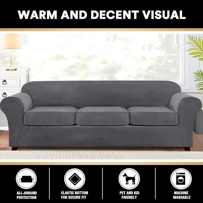 PrinceDeco Velvet XL Couch Cover for Oversized Sofa 4 Piece Sofa Covers for 3 Cushion Couch Washable Furniture Protector with Non Slip Elastic Bottom Width Up to 105 Inch(X-Large, Grey) - Image 6