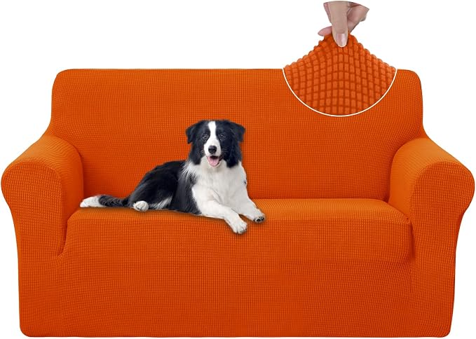 U-NICE HOME Loveseat Cover Stretch Couch Cover Sofa Slipcover, Orange | 2 Cushion Sofa, 1-Piece Sofa cover, Washable, Pet friendly, Furniture protector, Polyester Spandex Jacquard fabric by U-NICEHOME