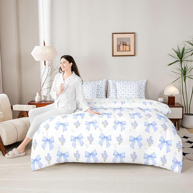 Erosebridal Bow 7 Piece Comforter Set King Bed in a Bag for Girls Kids,Girly Blue Floral Coquette Bedding Sets for Child Bow Knot Ribbon Heart Quilt Dreamy Princess Style Sheet Set with Comforter - Image 4