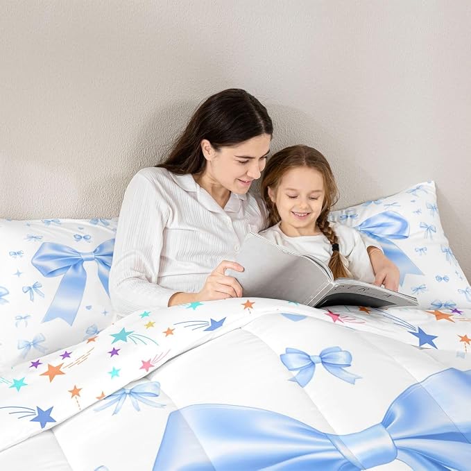 Manfei Blue Bow Bedding Set for Boys Girls,Cute Ribbon Bowknot All Season Cozy Comforter Set Full Size,Kawaii Princess Style Duvet Set Bedroom Decor,Personalized Birthday Gifts - Image 5