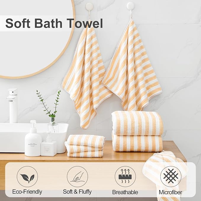 Smuge 18 Pcs Bath Towel Set, Include 6 Bath Towel Sheets, 6 Hand Towels and 6 Washcloths - Highly Absorbent Quick Dry Microfiber,Ultra Soft Bathroom Towel Set with Hanging Loop - Apricot Yellow - Image 3