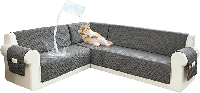 Sectional Couch Covers for Dogs 100% Waterproof Corner L Shaped Sofa Cover Pet Friendly Velvet Washable Anti Slip L Shape Modular Sofa Slipcover Protector with Pockets (Dark Gray, X-Large) by SYJOVIA