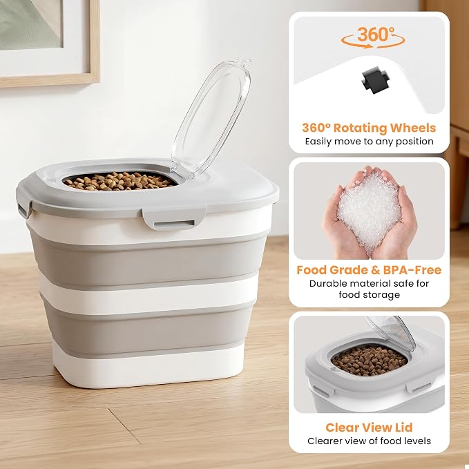 28 Lbs Dog Food Storage Container, Collapsible Cat Food Container | Airtight Pet Food Storage Containers with Wheels, Clear Window, Measuring Cup and Scoop, BPA Free for Rice, Flour, Bird Seed - Image 7