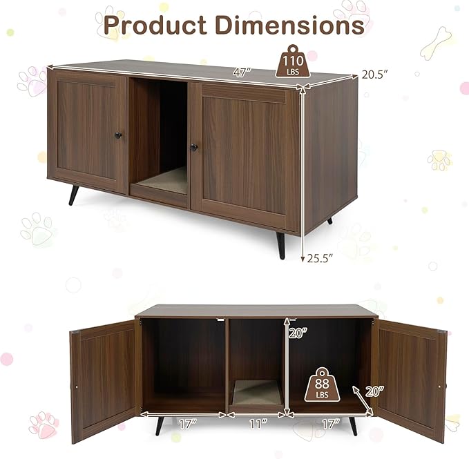 Tangkula Double Cat Litter Box Enclosure for 2 Cats, Large Stackable Hidden Privacy Cat Washroom Cabinet with Scratching Board, Indoor Cat House TV Stand Side Table, Litter Box Furniture (Brown) - Image 4