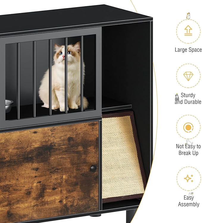 Dog Proof Cat Feeding Station, Cat Feeding Station with Scratching Board, Raised Bowls for Indoor Cats, Elevated Food Bowls with Stand, Vintage Black Furniture - Image 4