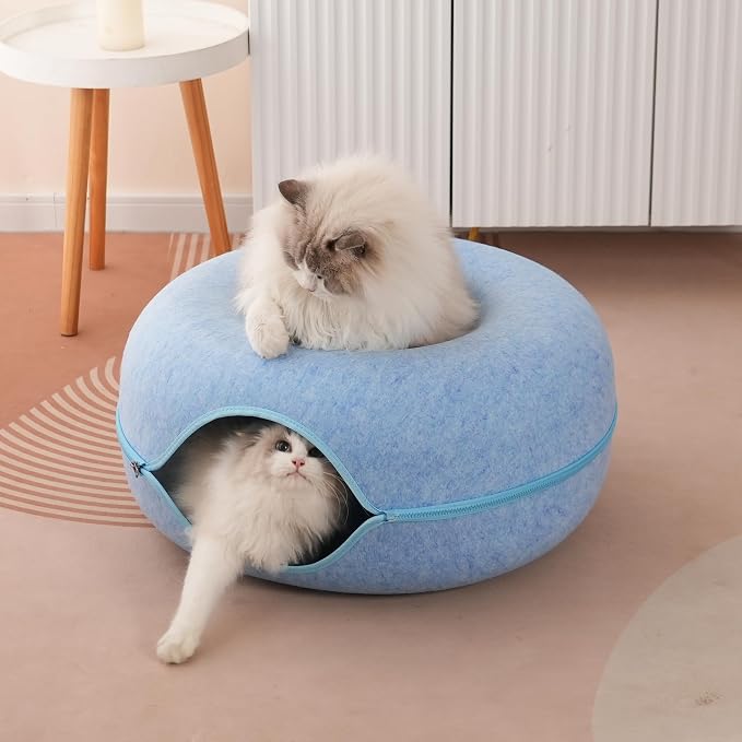 Large Cat Tunnel Bed for Indoor Cats with 3 Toys, Scratch Resistant Donut Cat Bed, Up to 30 Lbs (L 24x24x11, Blue) - Image 6