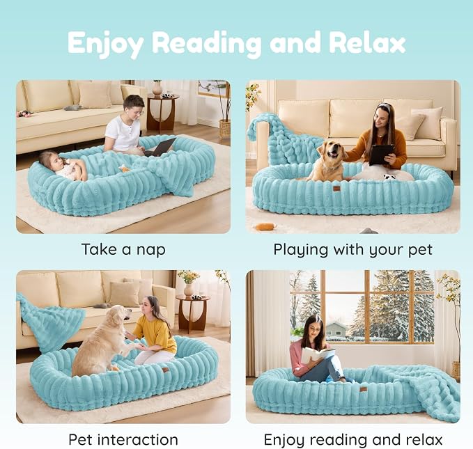ChiXnuggle Orthopedic Human Dog Bed,Striped Faux Fur Washable Cover,Blanket | blue,72*40*10,giant dog bed for adult or extra large dogs,egg crate foam,non-slip bottom - Image 8