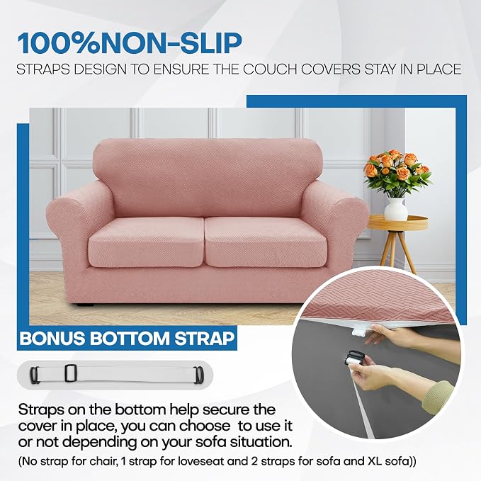 XINEAGE New 3 Pieces Couch Covers for 2 Extra Large Cushion Sofa Super Stretch Sofa Cover for 2 Large Seat Universal Loveseat Slip Cover for Living Room (Dusty Pink), 71"-91"(2 Cushions) - Image 7