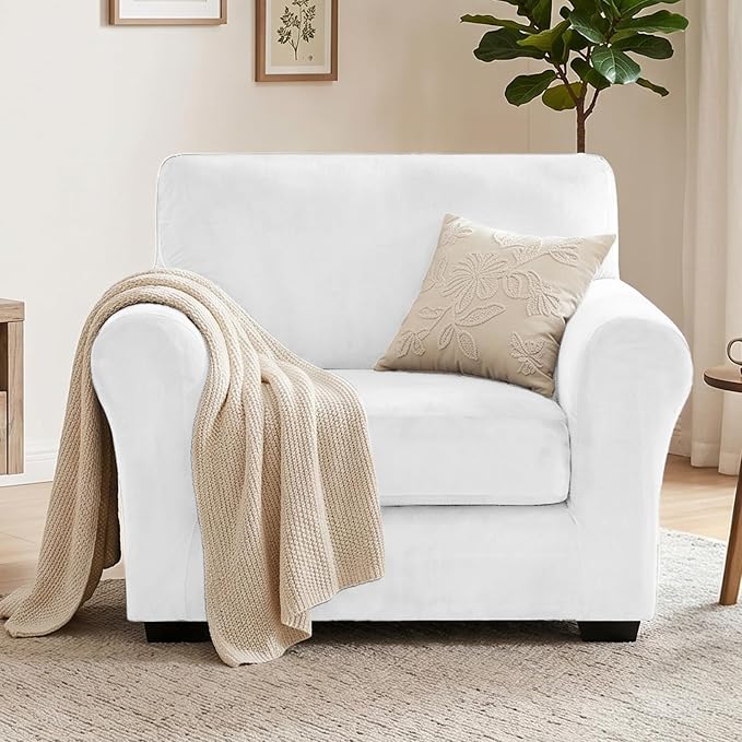 XINEAGE 2-Piece Velvet Armchair Sofa Cover, Couch Covers for Dog,White | 1 Cushion Chair,Stretch Non-slip Elastic, Pet-friendly, Washable, Fast Setup, Soft Plush Fabric, Furniture Protector. - Image 4