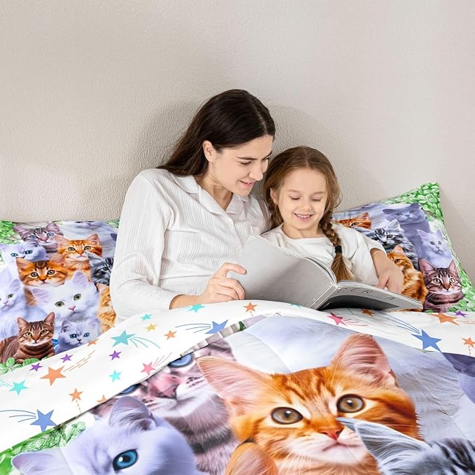 Feelyou Cute Cartoon Cat Twin Comforter Set for Girls Princess Pet Cats Bedding Set Kids Collage Kitten Kitty Bedding Comforter Feline Animal Lovely Floral Green Decor Quilt with 1 Pillowcase Boys - Image 5