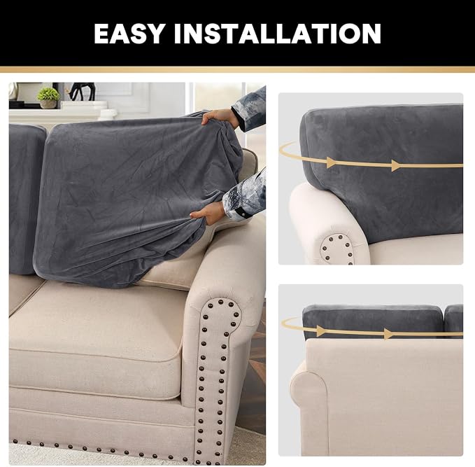 PrinceDeco Sectional Couch Covers Velvet Cushion Covers for Sectional Couch Washable Cushion Covers for Sectional Sofa Pet Friendly Sectional Sofa Slipcovers(1 Chaise Back+ 3 Sofa Back,Grey) - Image 6