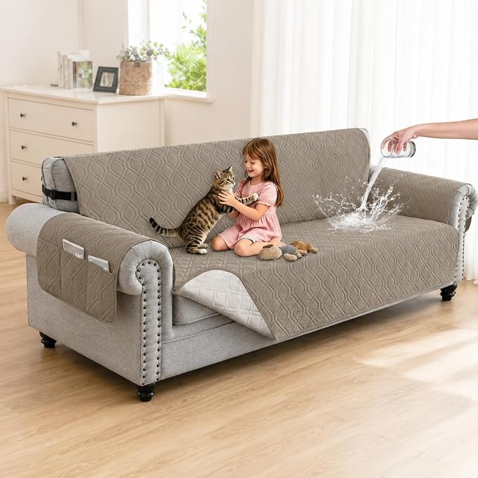 100% Waterproof Couch Cover,Straps&Pockets,pet Friendly,78" Camel | Washable sofa cover, pet-friendly, scratch-resistant furniture protector, quilted sofa cover, reversible, non-slip backing. by Unknown