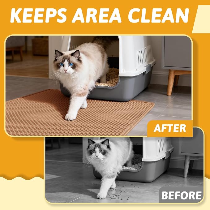 Pieviev Cat Litter Mat Double Layer Waterproof Urine Proof Trapping Mat 1 Pack (30''X24'', Brown) | Honeycomb Design Catches Scattered Particles to Stop Tracking, Urineproof Base Protects Floors, Easy to Clean - Image 5